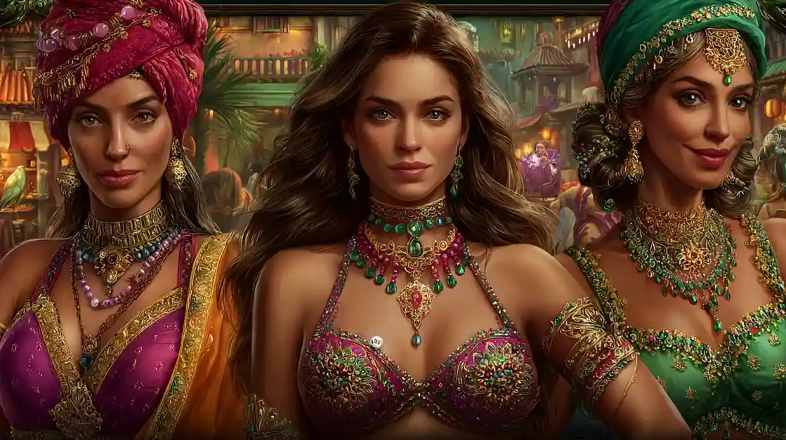 Two glamorous women in red and gold jeweled costumes posing against bold background with luxury casino style