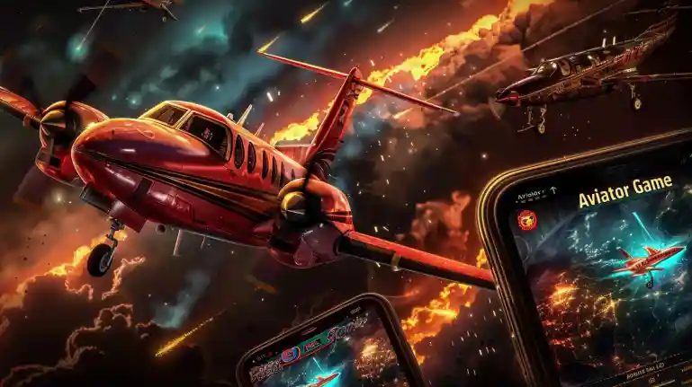 Stylish woman with sunglasses holding phone showing Aviator Game slot while red plane flies above casino lights