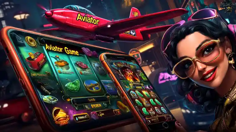 Red twin-engine plane soaring through fiery sky with Aviator Game mobile screen glowing in foreground