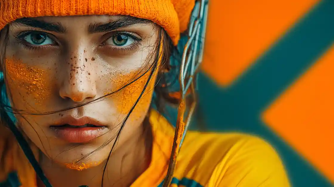 Focused woman with freckles and orange war paint in beanie and sports gear holding HOMEBET88 branded equipment