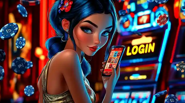 Stylish girl with blue hair and golden dress holding smartphone with HOMEBET88 slot game in vibrant casino atmosphere