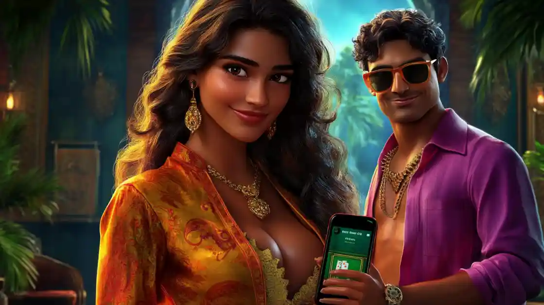 Confident couple in luxurious outfits holding smartphones with HOMEBET88 poker app in exotic casino setting