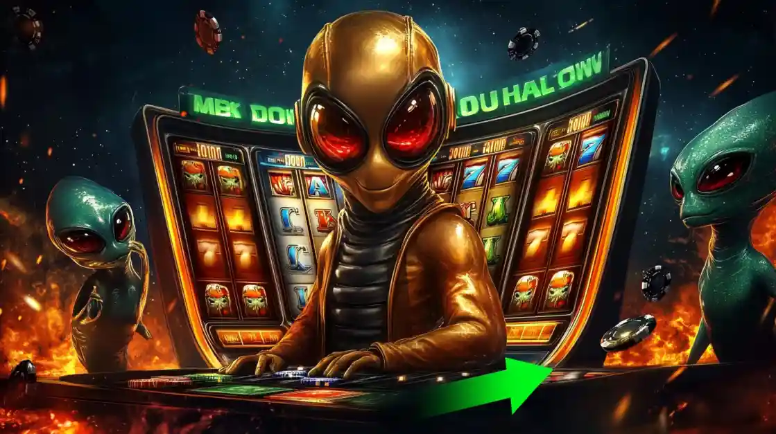 Futuristic alien in golden suit playing HOMEBET88 slot machine with glowing symbols in cosmic casino atmosphere